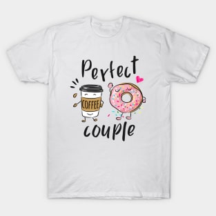 perfect couple slogan with cartoon coffee cup and donuts T-Shirt